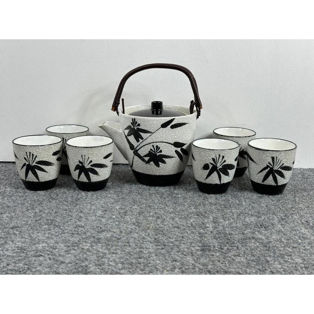 OMC Japan Porcelain Tea Pot & Stackable Cup Set 7pc Bamboo Design Vintage